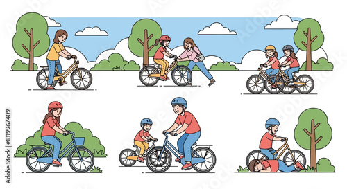 Family bike riding lesson set with parents teaching children to cycle outdoors in a park