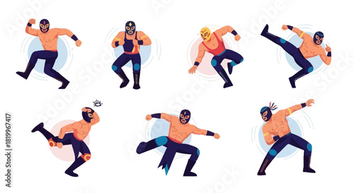 Lucha Libre Wrestlers in Action Dynamic Vector Illustrations