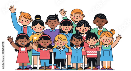 A diverse group of happy children waving and smiling together, representing friendship and unity in a vibrant illustration