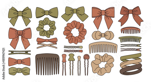 Collection of stylish hair accessories including bows, scrunchies, combs, and hairpins in various colors and designs