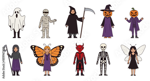 Set of cute cartoon characters in various Halloween costumes like a ghost, mummy, devil, skeleton, and grim reaper for party celebrations