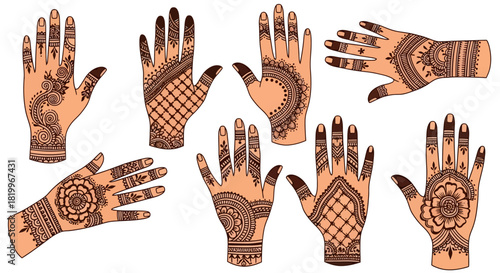 Exquisite collection of hand illustrations featuring ornate mehndi designs, embodying ancient traditions of decorative body art and cultural celebrations