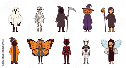 Variety of Halloween Characters in Costumes, Spooky Fun for All Ages