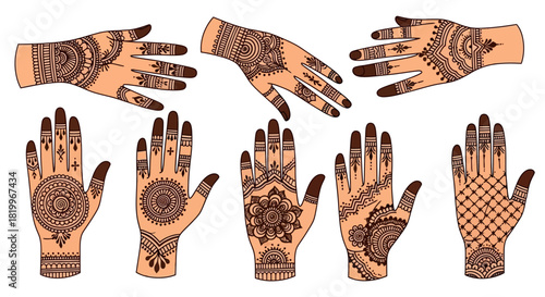 A collection of hands decorated with intricate traditional Indian mehndi patterns, showcasing various henna tattoo designs for cultural ceremonies