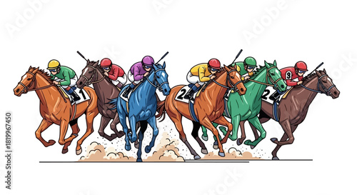 Racing Horses in a Colorful Illustration A Dynamic Depiction of a Horse Race in Full Speed
