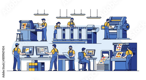 Printing Press Production Line Workers and Machines
