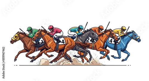 Dynamic illustration capturing the thrilling intensity of a competitive horse race with jockeys striving for victory at high speed, kicking up dust on the track