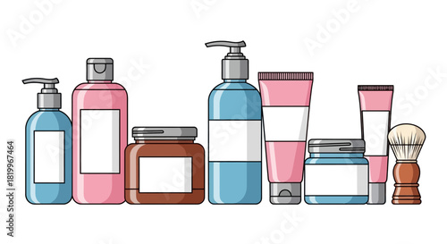 Collection of various cosmetic and skincare products arranged in a line