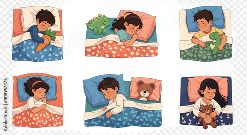 A Delightful Collection of Six Diverse Children Peacefully Sleeping in Their Beds, Each Enjoying Sweet Dreams with Beloved Toys in a Cozy and Serene Bedroom Setting