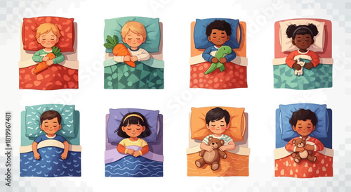 Children Sleeping with Favorite Stuffed Animals and Toys in Beds Illustration