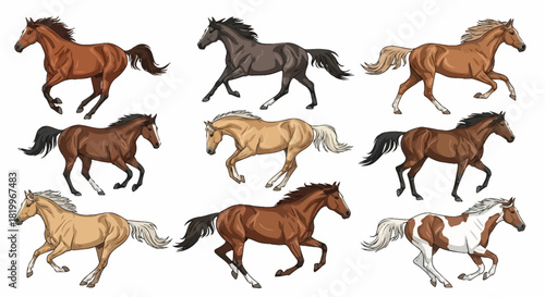A beautiful collection of illustrated horses in motion, showcasing a variety of different coat colors and breeds in a dynamic trotting pose