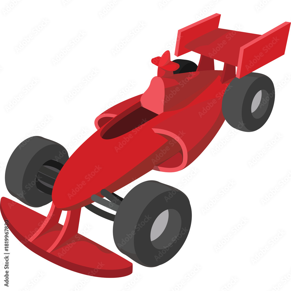 Naklejka premium Red Formula One Race Car with Black Wheels and Pilot Silhouette Against White Background Clean Isolated Vector Graphic