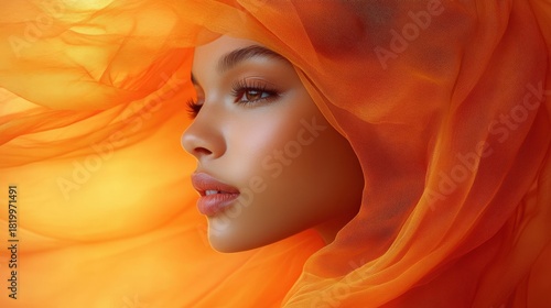 A woman wearing a warm orange hijab looks into the distance, illuminated by a soft, reflective light. The vibrant fabric accentuates her features.