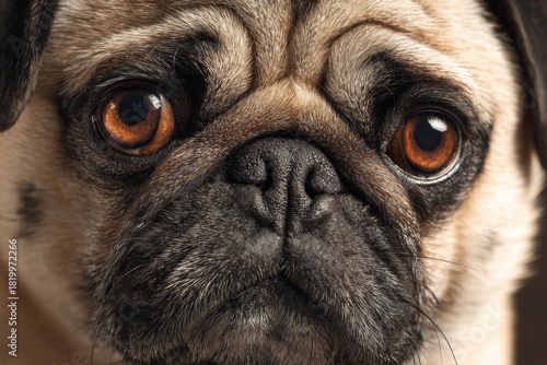 Close-up of pug with droopy eyes and dramatic hopeless expression.