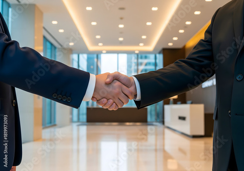 Two business professionals shaking hands in a modern corporate lobby