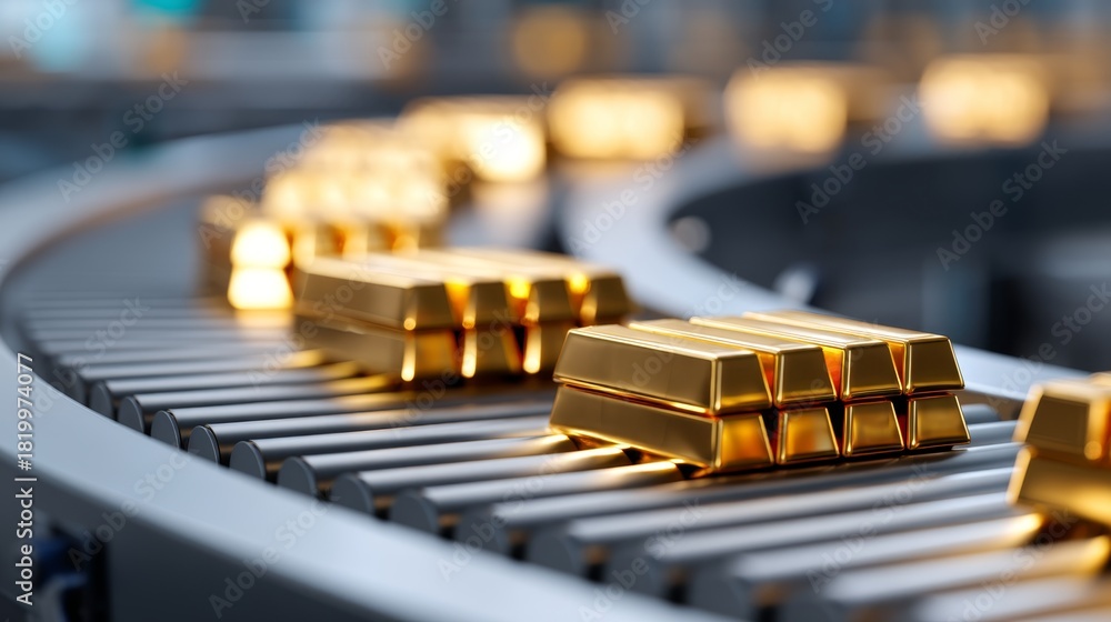 Naklejka premium Futuristic Assembly Line Conveyor with Glowing Finance Bars and Copy Space for Text