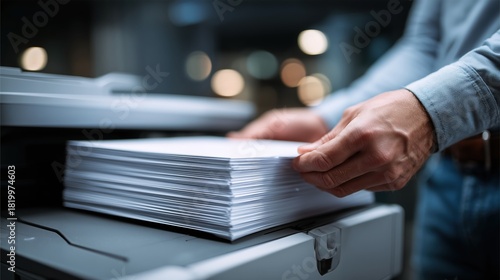 Close-up of Hands Placing Stack of Paper into Office Multifunction Printer and Copier Machine.