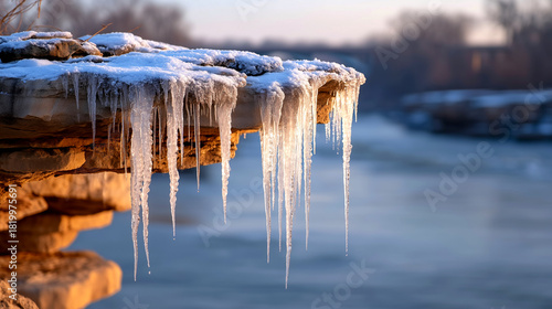Stunning icicles dangle from snow-covered rocks, reflecting golden sunset light over a frozen river, capturing winter's breathtaking beauty and serene atmosphere.