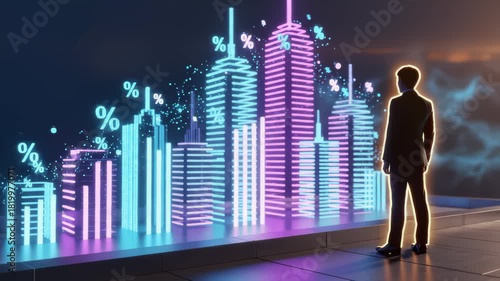 Businessman Analyzing Real Estate Market Growth With Neon Graphics