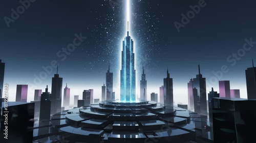 Cityscape Illuminates With Energy Beam in Futuristic Style