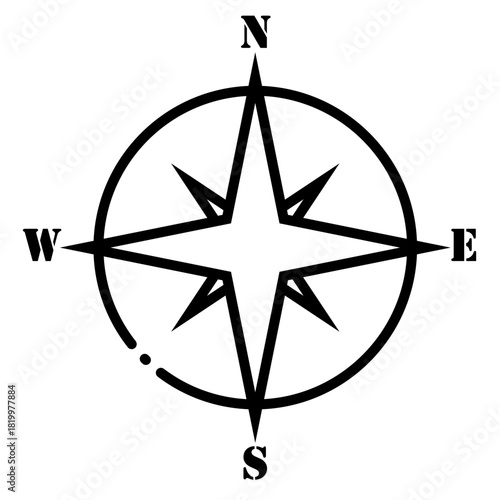 Compass with letter symbol N,S,W,E for direction