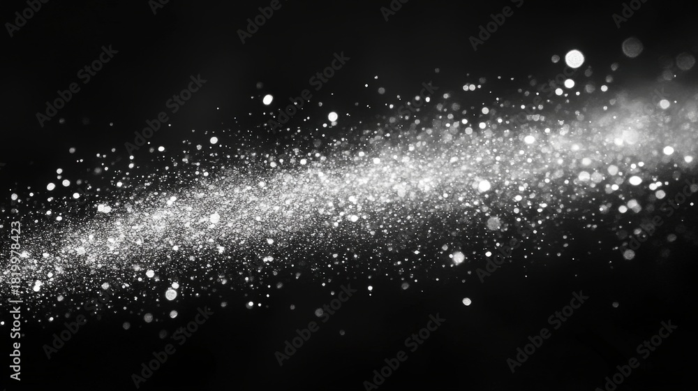Obraz premium A dramatic photograph featuring a flowing stream of sparkling white lights set against a deep black background. The image evokes a sense of wonder and ethereal beauty.