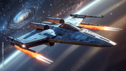 X-wing fighter soaring through space with a galaxy backdrop