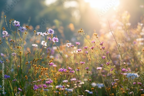 Bright morning sunlight illuminates a vibrant wildflower field in a serene landscape during springtime