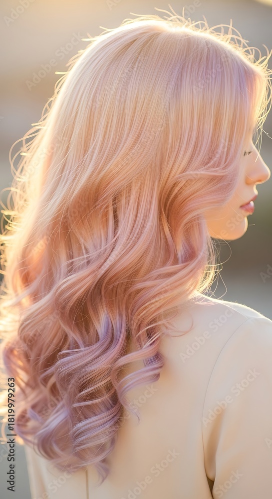 Naklejka premium Elegant model showcasing flowing strawberry blonde waves in sunlight