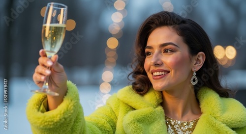 Smiling woman in a green faux fur coat toasting with champagne. Elegant lady celebrating a festive winter holiday outdoors at night. New Year's Eve party concept
