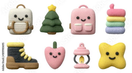 Cute Plush Adventure Explorer Theme Set with Backpack and Accessories on Transparent Background