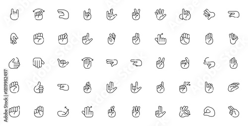 Deaf alphabet sign language icon set. Minimal line vctor illustration. Include symbols for letters, hell, I love you, goodbye, sto, question, ok and more. Eitable stroke.