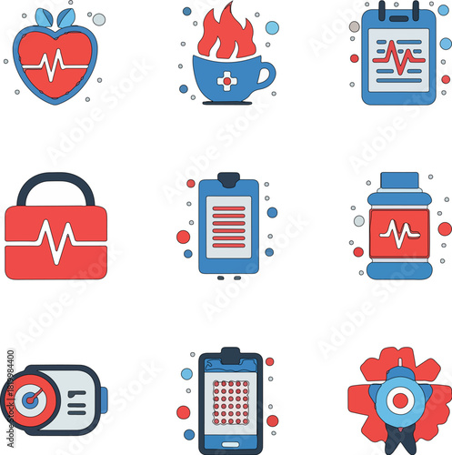 Collection of colorful flat design medical and healthcare icons.