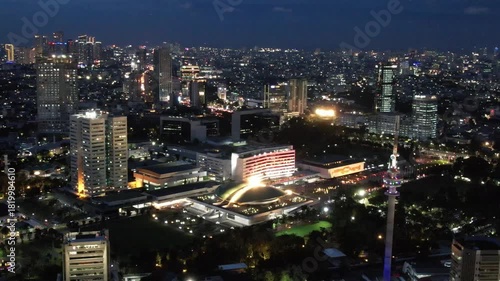Jakarta, Indonesia-Nov 12, 2025: drone view at night of the DPR MPR building. drone view of the Indonesian People's Representative Council building (Gedung DPR)