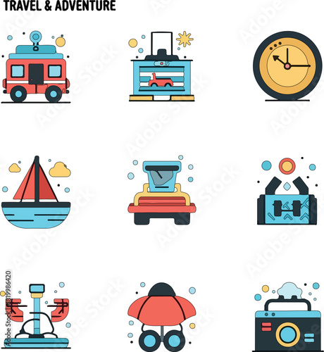 Colorful Vector Icon Set for Travel and Adventure Concepts.