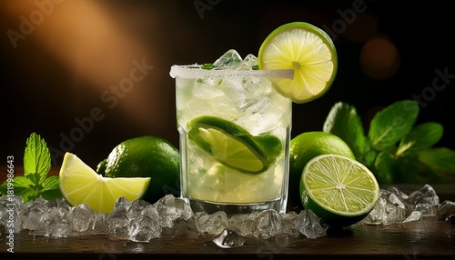 Close Up Shot Of A Caipirinha Cocktail With Lime Slices And Lots Of Crushed Ice