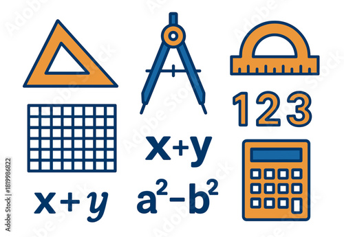 Mathematics tools and symbols: geometry, formulas, calculator