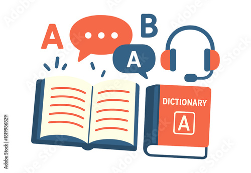 Illustration of language learning tools with open book and speech bubbles