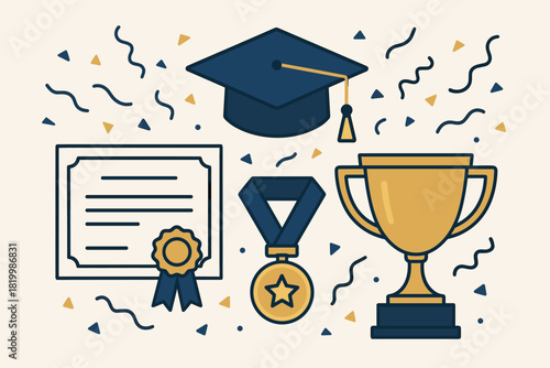 Graduation celebration: cap, diploma, medal, and trophy icons with confetti