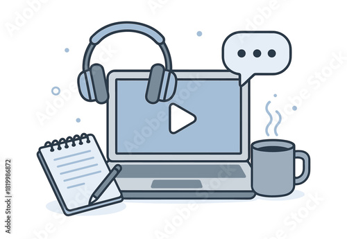 Remote learning setup with laptop, headphones, notepad, and coffee mug for online education
