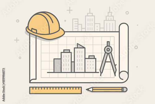 Architectural blueprint with hard hat and tools on urban background