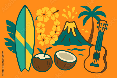 Tropical elements: surfboard, coconut, volcano, palm, ukulele, hibiscus