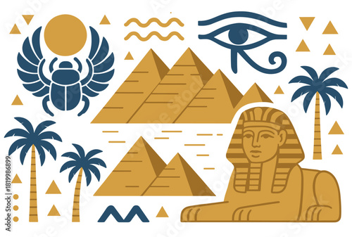 Ancient egypt symbols: pyramids, sphinx, scarab, and palm trees