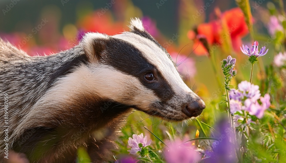 Obraz premium Beautiful European Badger Meles Meles Eurasian Badger In His Natural Environment In The Summer Meadow With Many Flowers