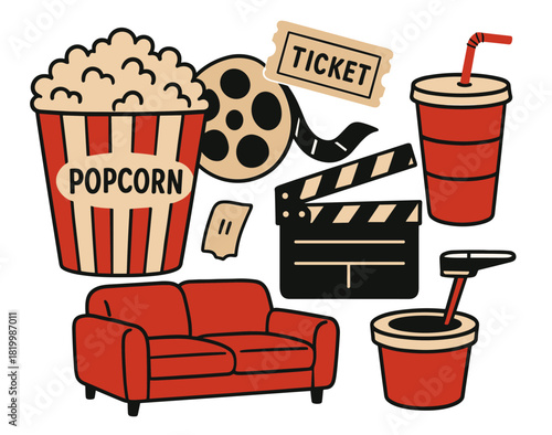 Cinema icons: popcorn, movie ticket, clapperboard, soda, and couch illustration