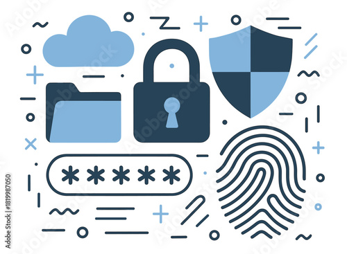 Cybersecurity icons: padlock, shield, fingerprint, password, file, cloud