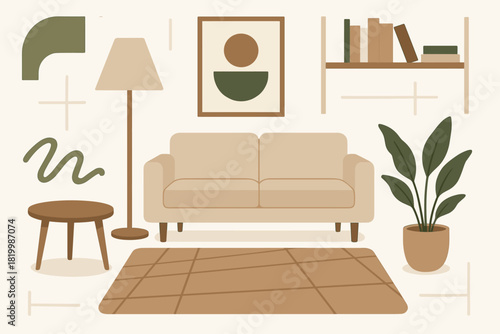 Modern minimalist living room with sofa, lamp, and potted plant