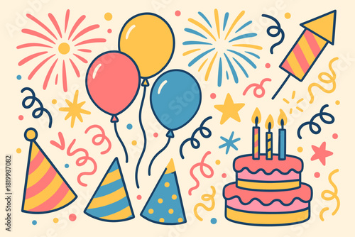 Colorful birthday celebration with balloons, cake, and fireworks
