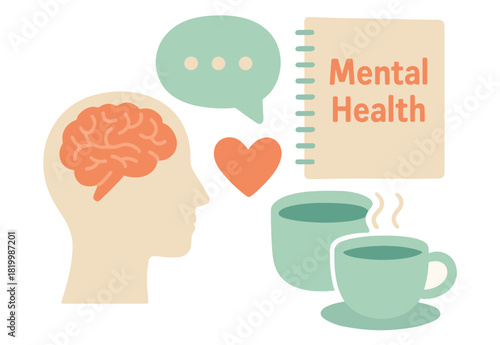 Mental health symbols: conversation, brain, heart, and tea illustrations