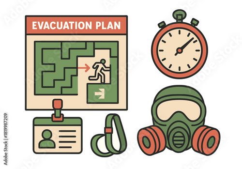 Evacuation plan illustration with gas mask stopwatch and id badge